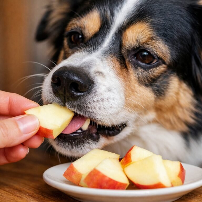 Dog eating fresh apple slices as a healthy and safe treat